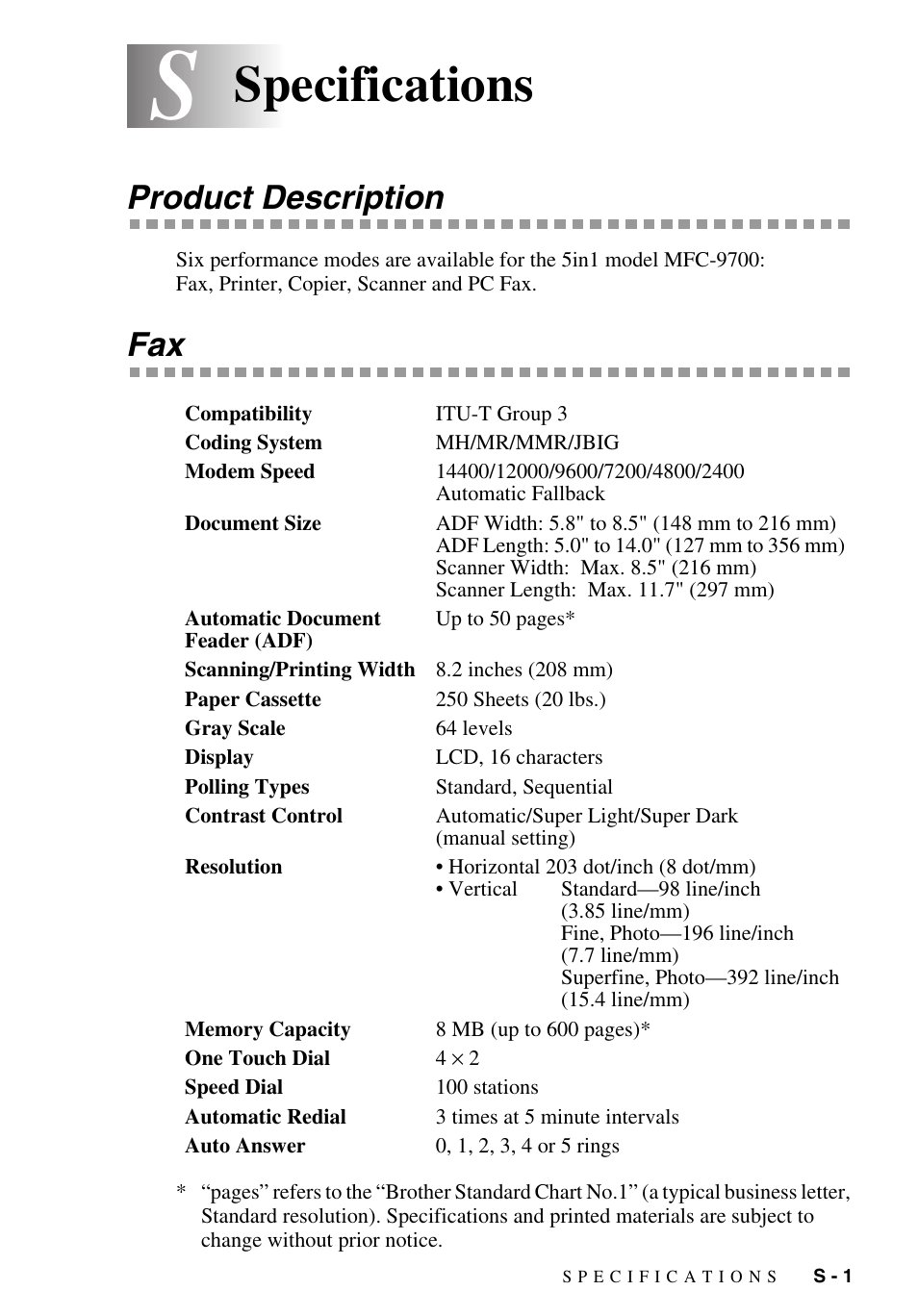 Specifications, Product description | Brother MFC-9700 User Manual | Page 215 / 228