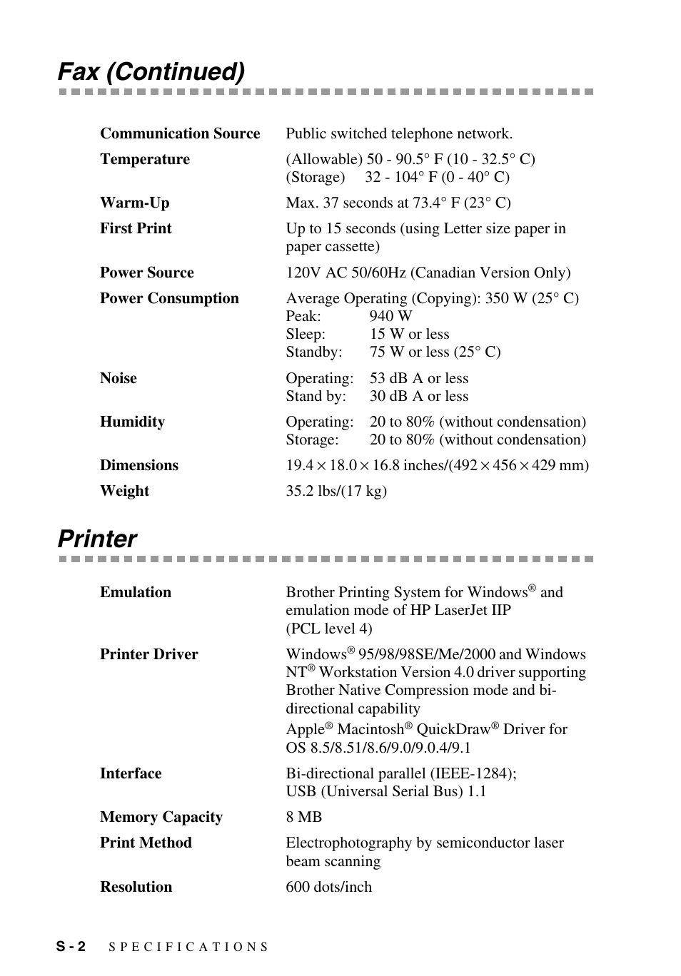 Printer, Fax (continued) printer | Brother MFC-9700 User Manual | Page 216 / 228