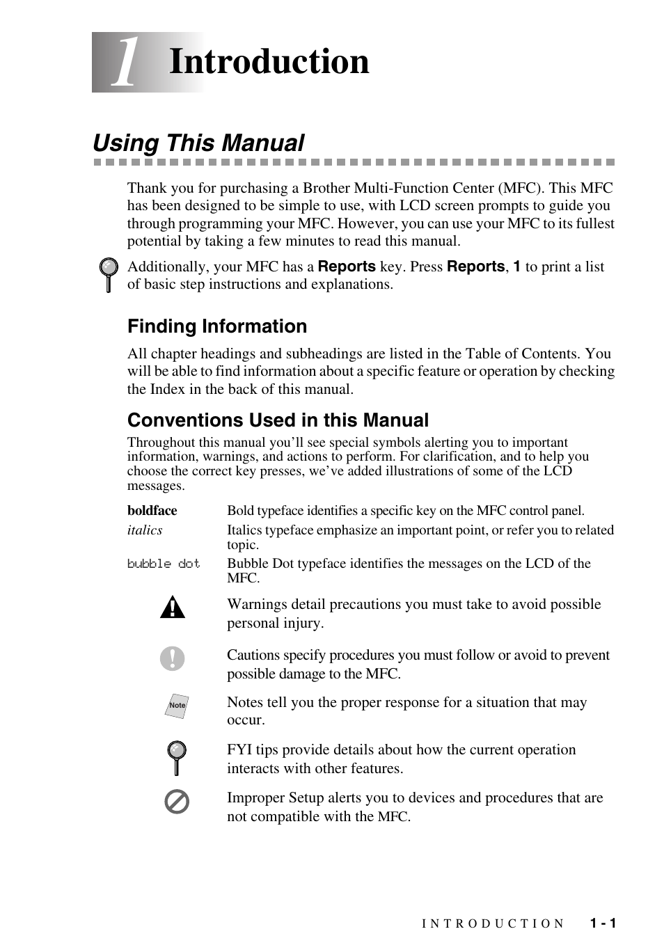 1 introduction, Using this manual, Finding information | Conventions used in this manual, Introduction -1, Using this manual -1, Introduction | Brother MFC-9700 User Manual | Page 23 / 228