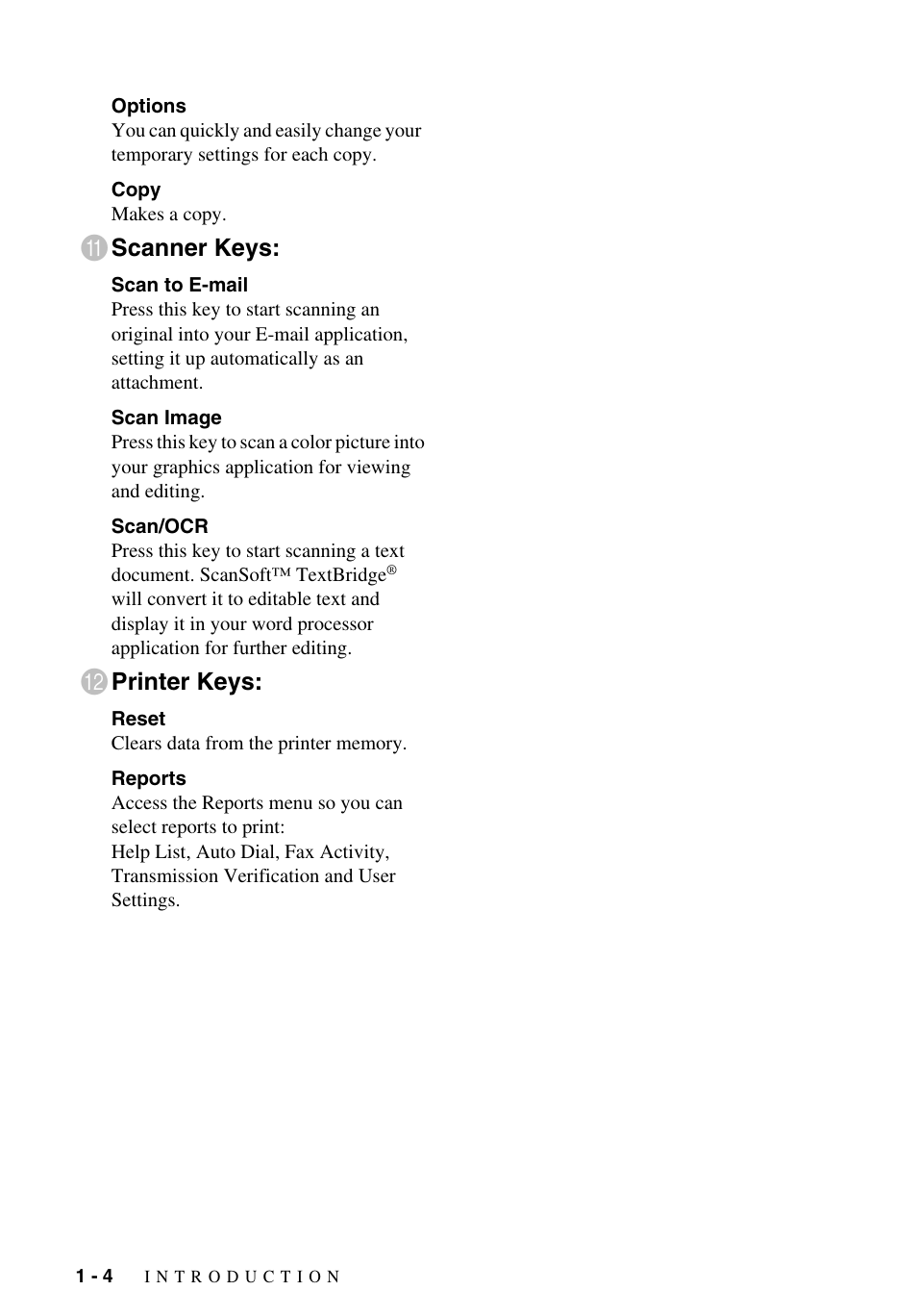 Scanner keys, Printer keys | Brother MFC-9700 User Manual | Page 26 / 228