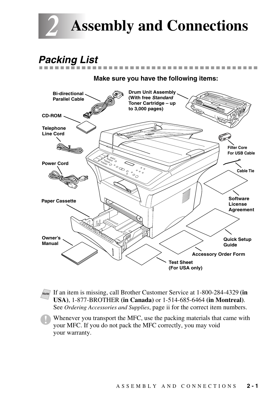 2 assembly and connections, Packing list, Assembly and connections -1 | Packing list -1, Assembly and connections | Brother MFC-9700 User Manual | Page 29 / 228