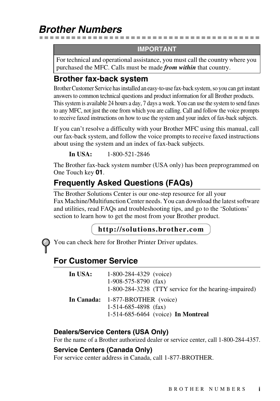 Brother numbers, Brother fax-back system, Frequently asked questions (faqs) | For customer service, Dealers/service centers (usa only), Service centers (canada only) | Brother MFC-9700 User Manual | Page 3 / 228