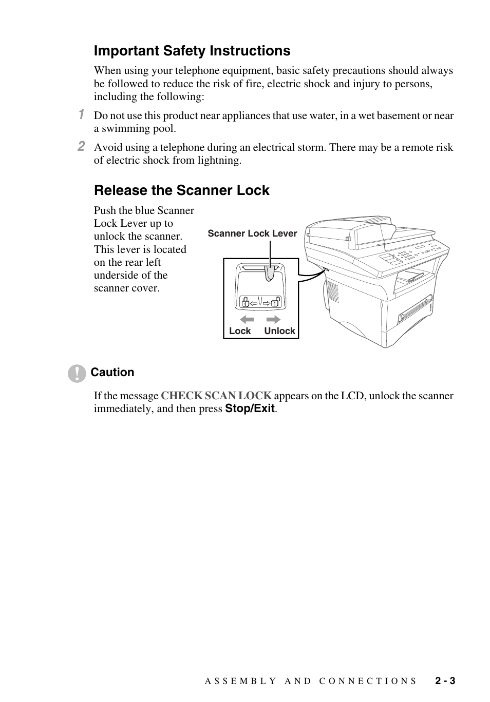 Important safety instructions, Release the scanner lock | Brother MFC-9700 User Manual | Page 31 / 228
