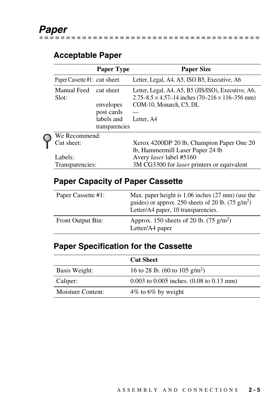 Paper, Acceptable paper, Paper capacity of paper cassette | Paper specification for the cassette, Paper -5 | Brother MFC-9700 User Manual | Page 33 / 228