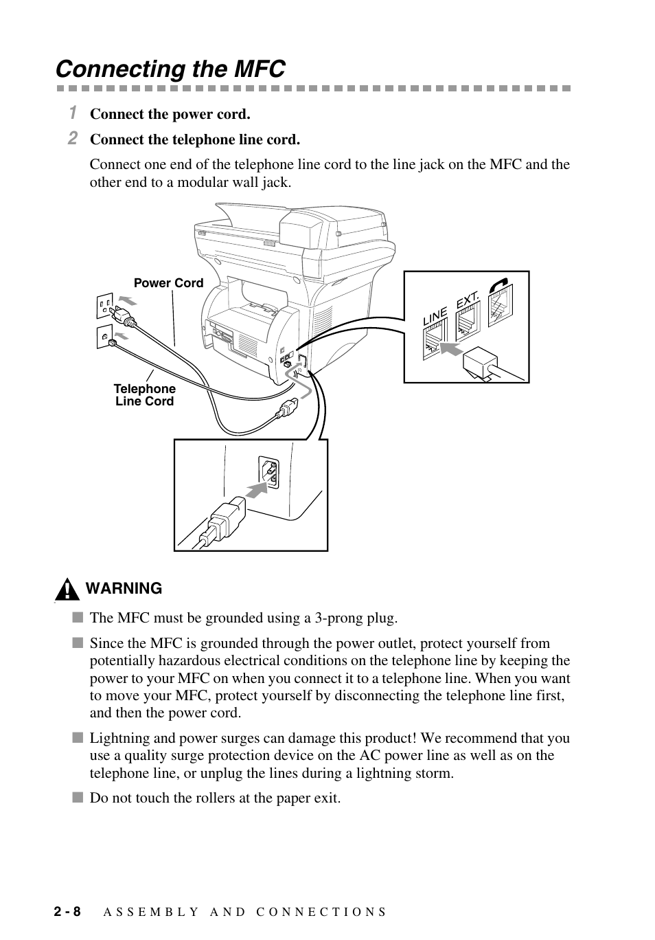 Connecting the mfc, Connecting the mfc -8 | Brother MFC-9700 User Manual | Page 36 / 228