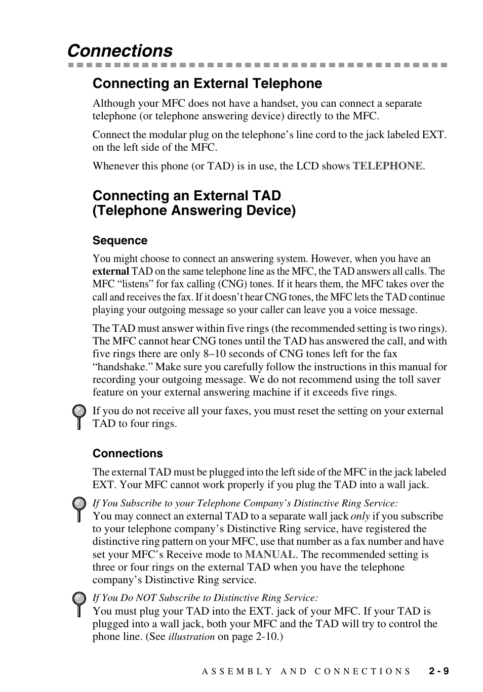 Connections, Connecting an external telephone, Sequence | Connections -9, Connecting an, External tad (telephone answering device) | Brother MFC-9700 User Manual | Page 37 / 228