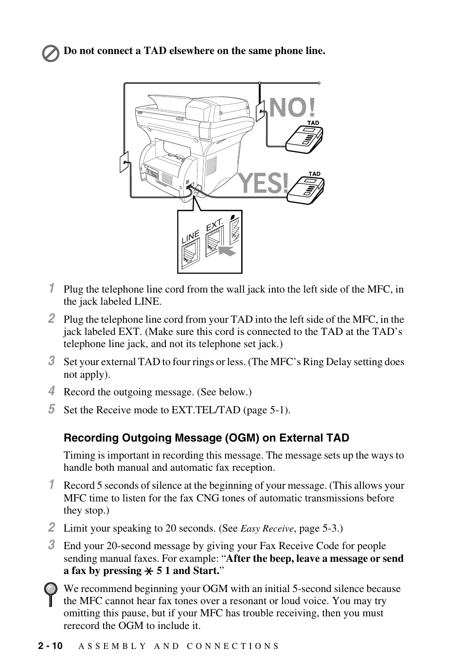 Recording outgoing message (ogm) on external tad | Brother MFC-9700 User Manual | Page 38 / 228