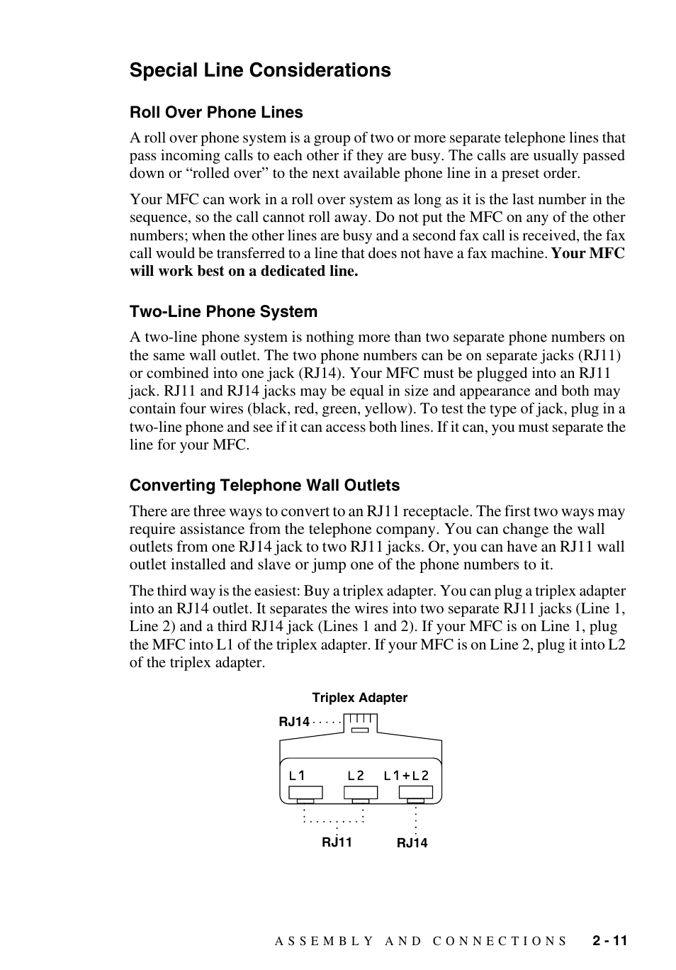 Special line considerations, Roll over phone lines, Two-line phone system | Converting telephone wall outlets, Special line considerations -11 | Brother MFC-9700 User Manual | Page 39 / 228