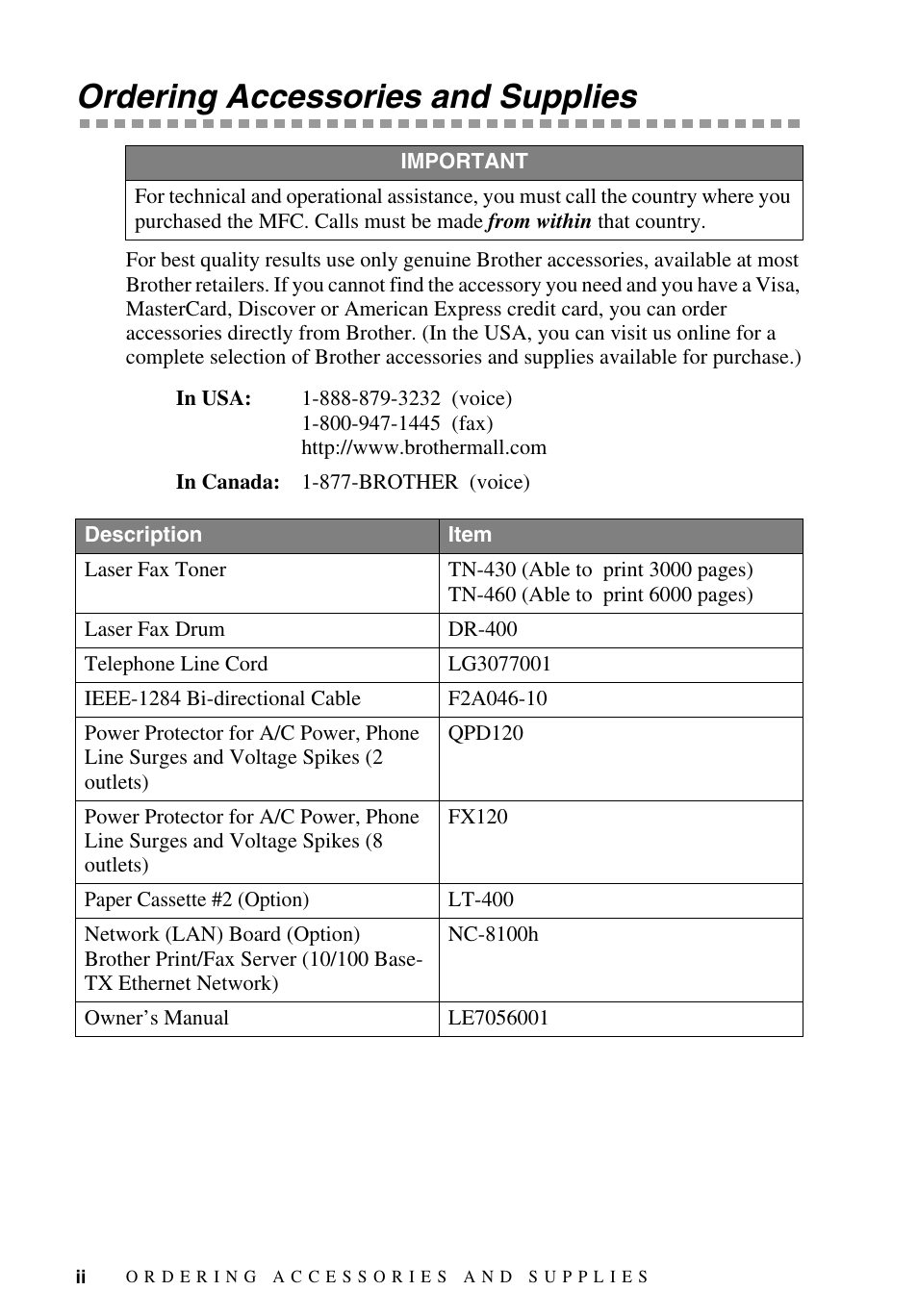 Ordering accessories and supplies | Brother MFC-9700 User Manual | Page 4 / 228
