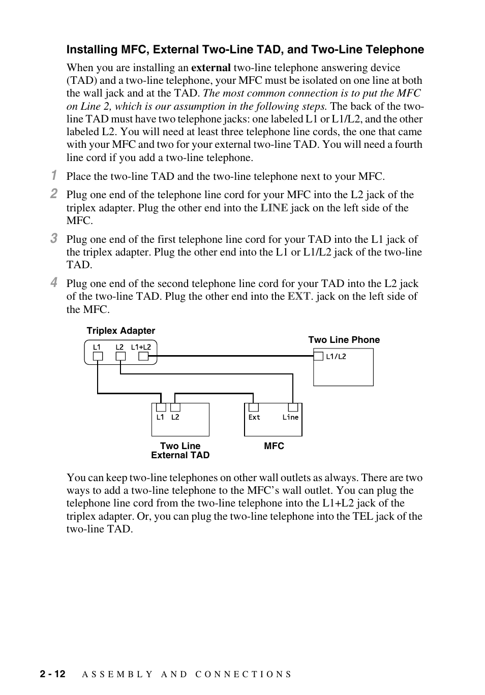 Installing mfc, external two-line tad, and, Two-line telephone -12 | Brother MFC-9700 User Manual | Page 40 / 228