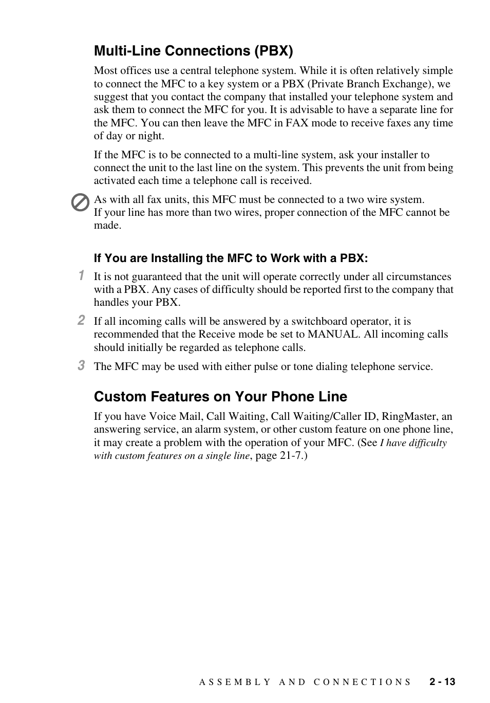 Multi-line connections (pbx), If you are installing the mfc to work with a pbx, Custom features on your phone line | Multi-line connections (pbx) -13, Custom features on your phone line -13 | Brother MFC-9700 User Manual | Page 41 / 228