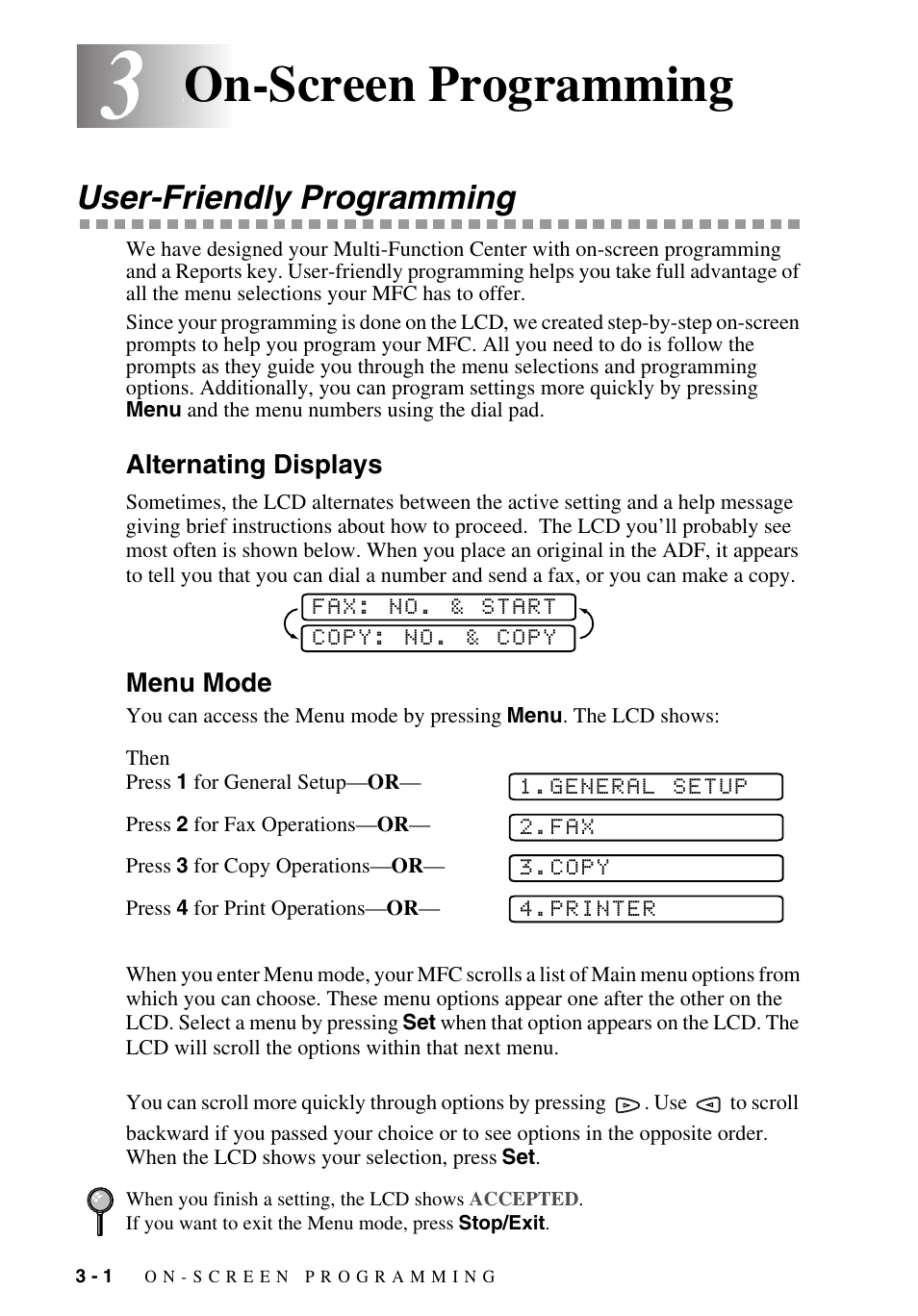 3 on-screen programming, User-friendly programming, Alternating displays | Menu mode, On-screen programming -1, User-friendly programming -1, Alternating displays -1 menu mode -1, On-screen programming | Brother MFC-9700 User Manual | Page 42 / 228