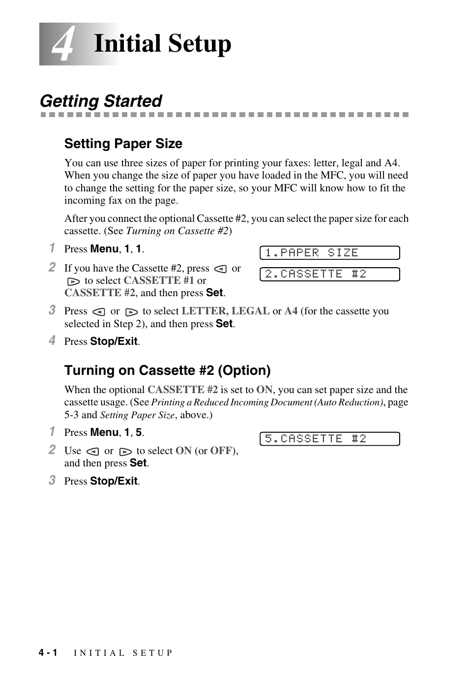 4 initial setup, Getting started, Setting paper size | Turning on cassette #2 (option), Initial setup -1, Getting started -1, Initial setup | Brother MFC-9700 User Manual | Page 48 / 228