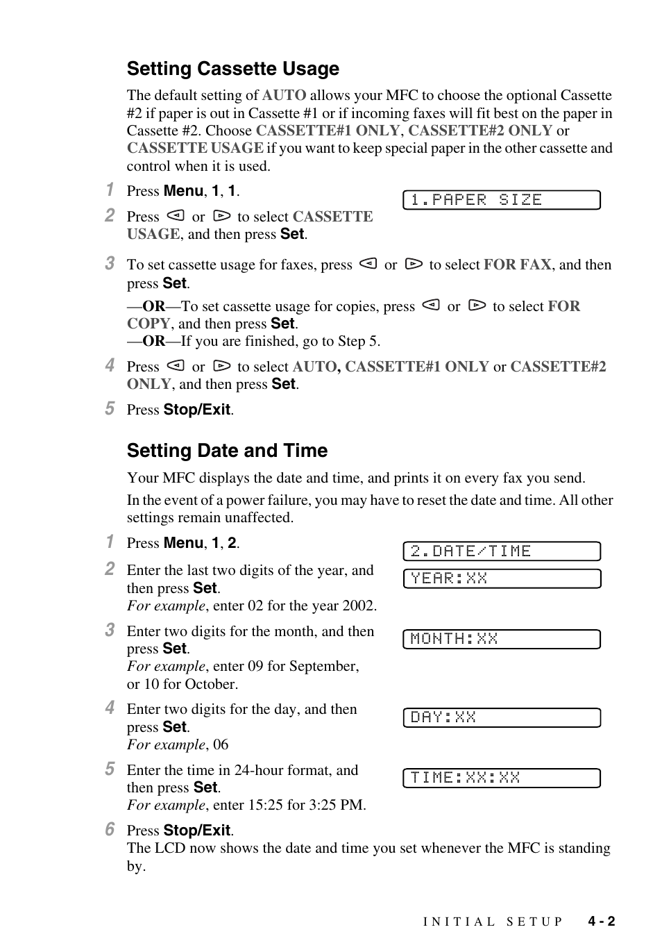 Setting cassette usage, Setting date and time, Setting cassette usage -2 setting date and time -2 | Brother MFC-9700 User Manual | Page 49 / 228