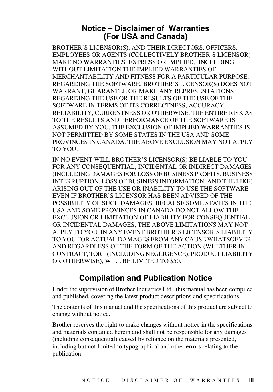 Compilation and publication notice | Brother MFC-9700 User Manual | Page 5 / 228