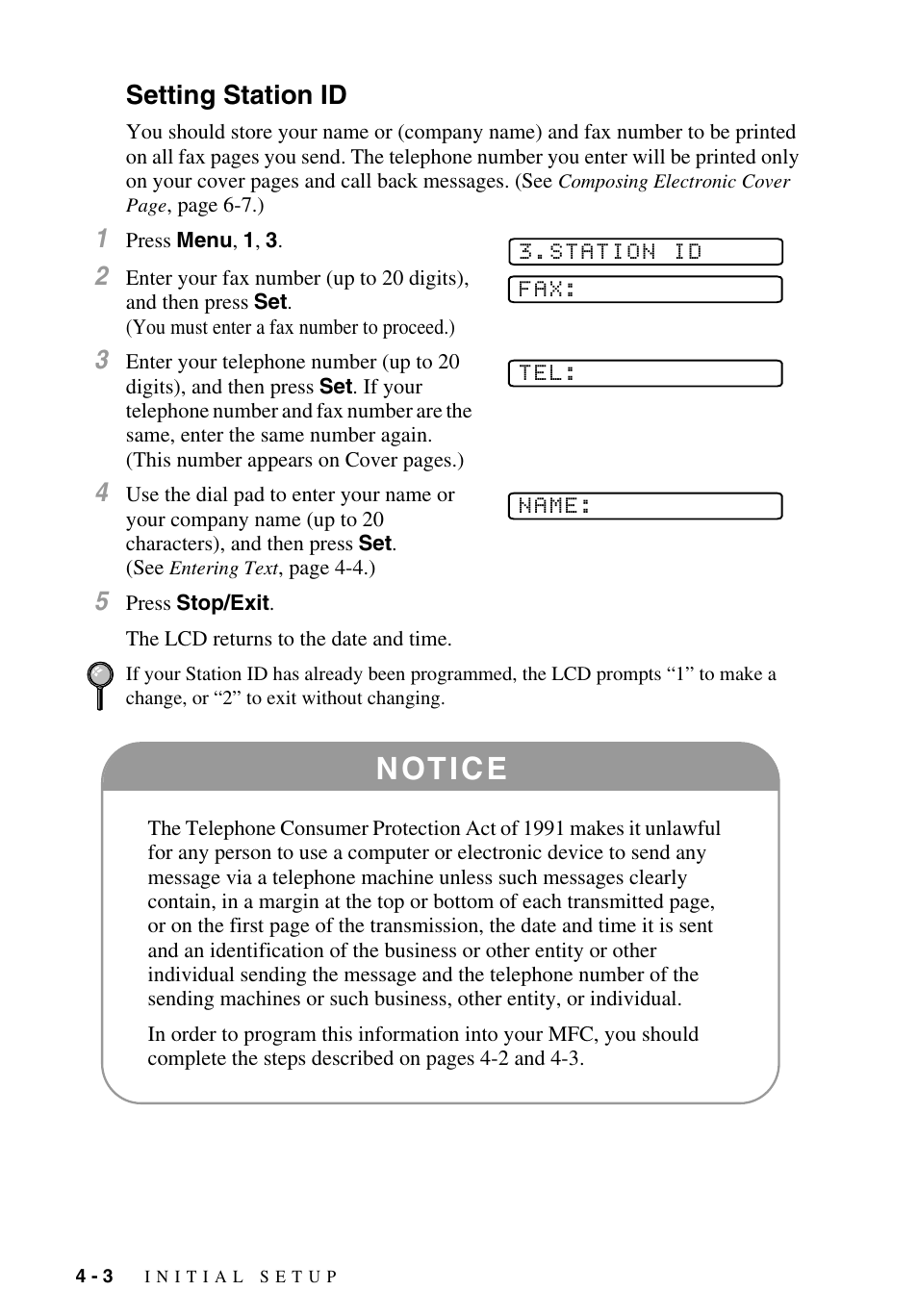 Setting station id, Setting station id -3, N ot i c e | Brother MFC-9700 User Manual | Page 50 / 228