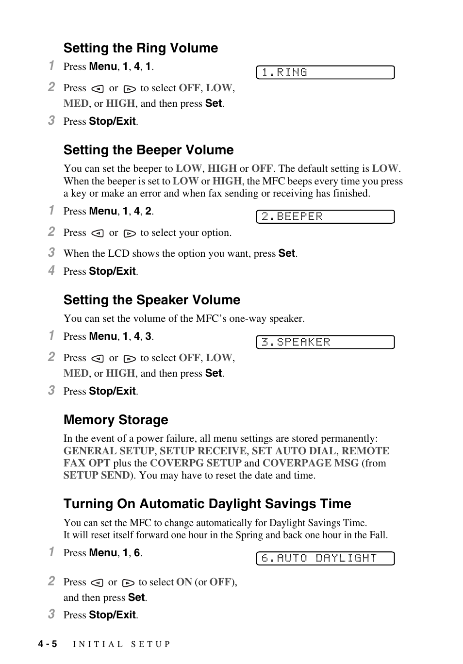 Setting the ring volume, Setting the beeper volume, Setting the speaker volume | Memory storage, Turning on automatic daylight savings time, Setting the ring volume 1 | Brother MFC-9700 User Manual | Page 52 / 228