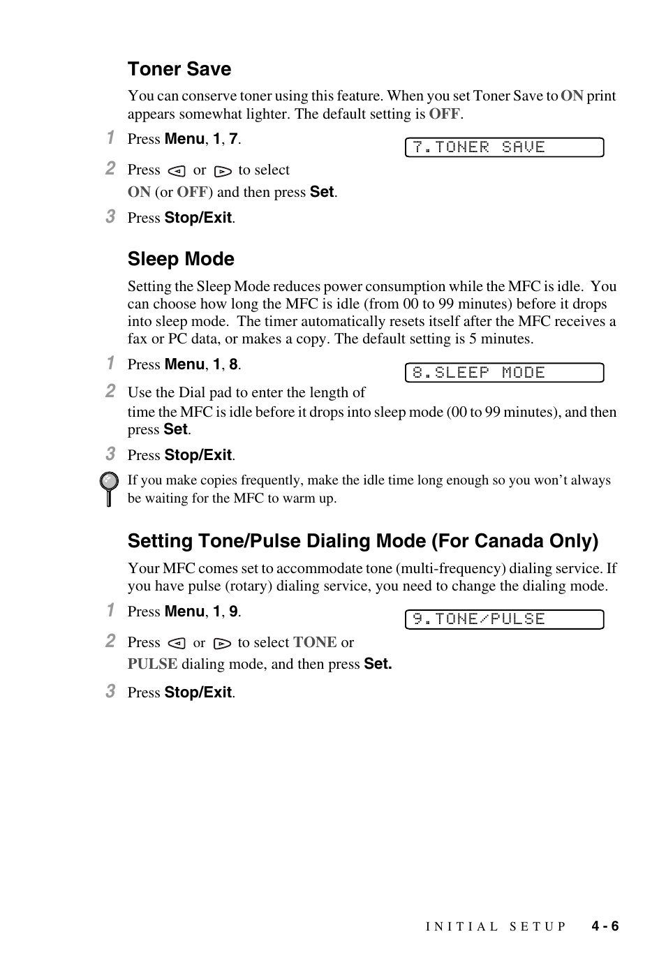 Toner save, Sleep mode, Setting tone/pulse dialing mode (for canada only) | Brother MFC-9700 User Manual | Page 53 / 228