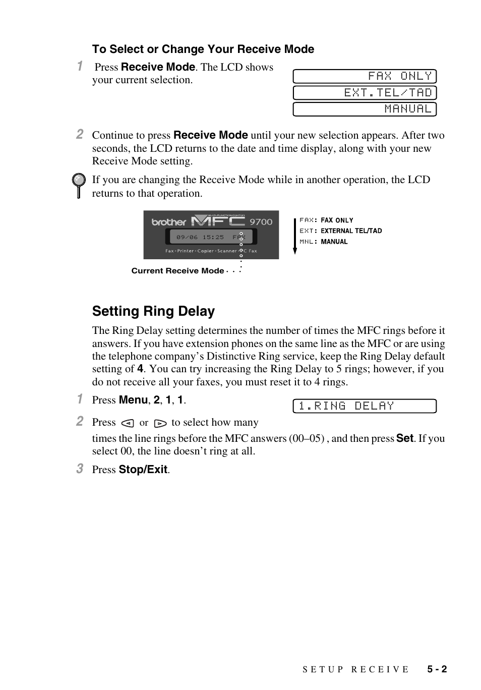 To select or change your receive mode, Setting ring delay, To select or change your receive mode -2 | Setting ring delay -2 | Brother MFC-9700 User Manual | Page 55 / 228