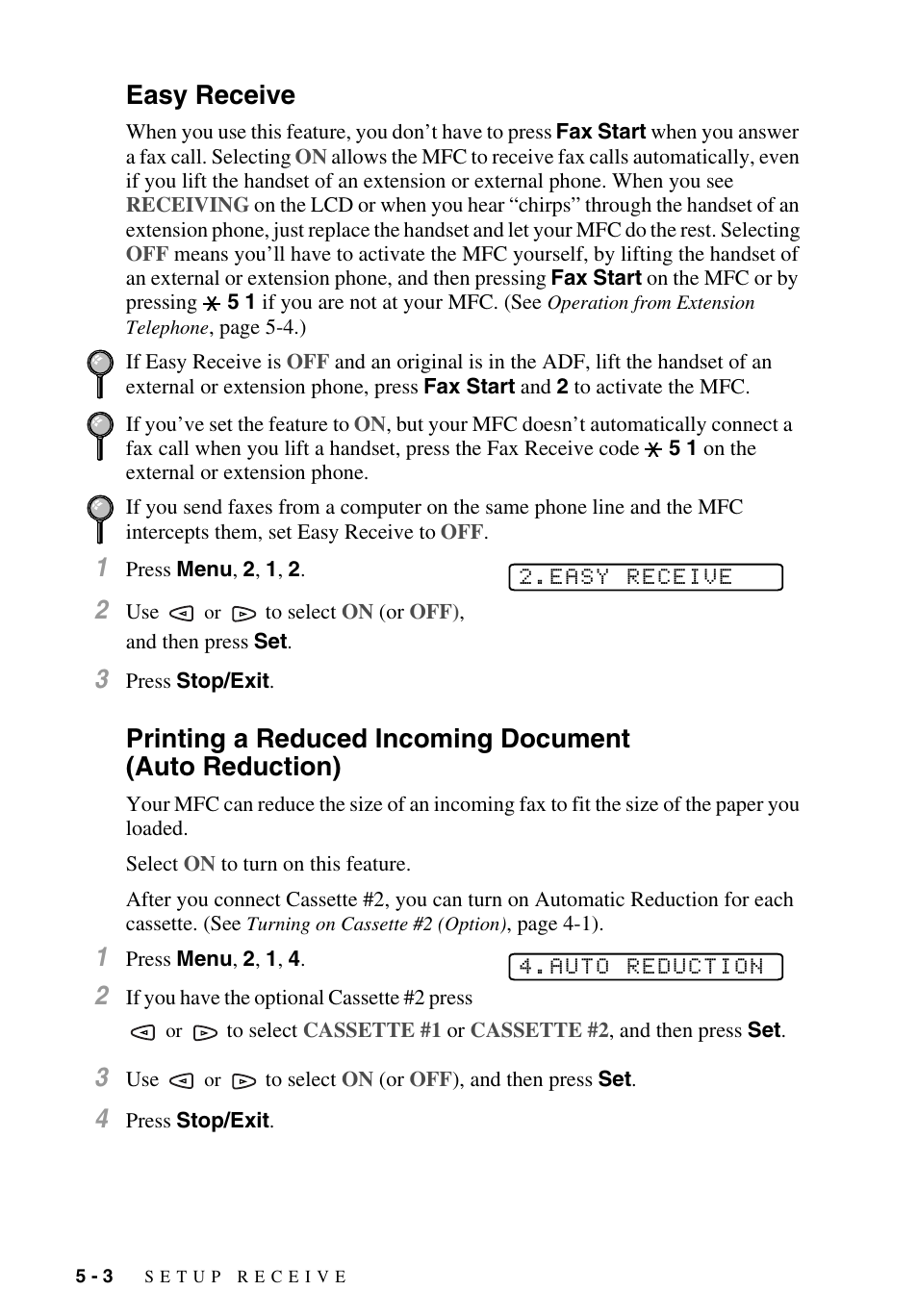 Easy receive, Auto reduction) -3, Limit your speaking to 20 seconds. (see | Cassette usage. (see, 3 and | Brother MFC-9700 User Manual | Page 56 / 228