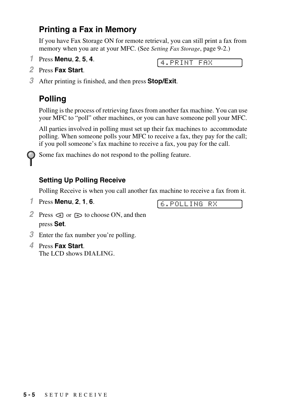 Printing a fax in memory, Polling, Setting up polling receive | Printing a fax in memory -5 polling -5, Setting up polling receive -5 | Brother MFC-9700 User Manual | Page 58 / 228