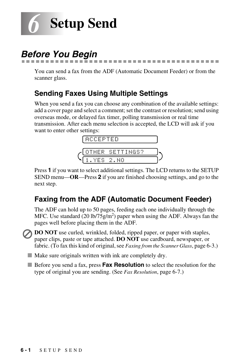 6 setup send, Before you begin, Sending faxes using multiple settings | Faxing from the adf (automatic document feeder), Setup send -1, Before you begin -1, Setup send | Brother MFC-9700 User Manual | Page 60 / 228