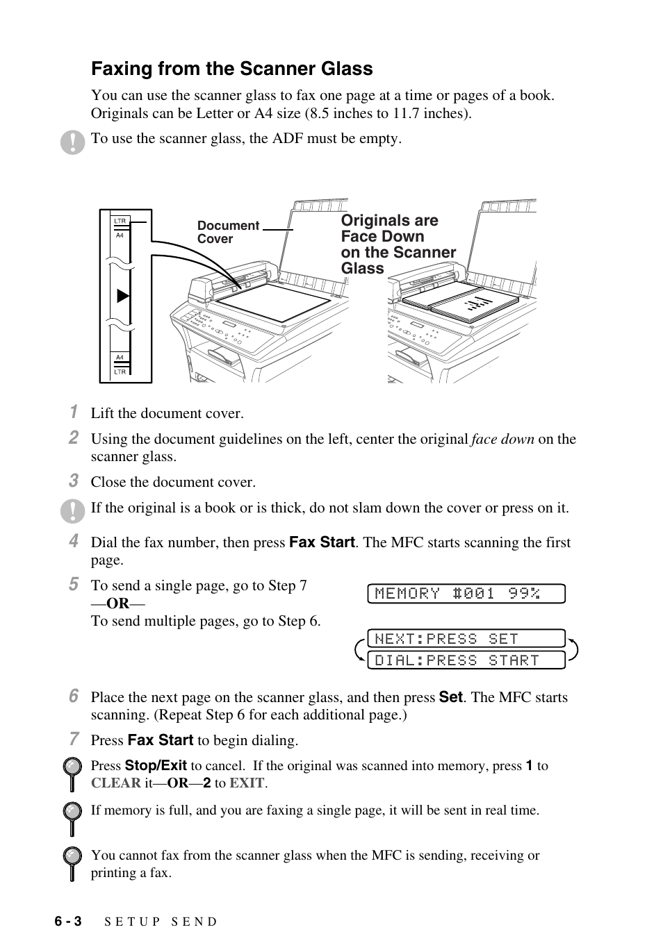 Faxing from the scanner glass, Faxing from the scanner glass -3 | Brother MFC-9700 User Manual | Page 62 / 228