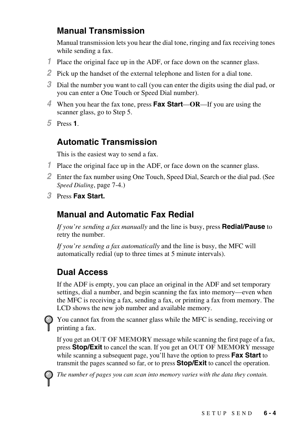 Manual transmission, Automatic transmission, Manual and automatic fax redial | Dual access | Brother MFC-9700 User Manual | Page 63 / 228