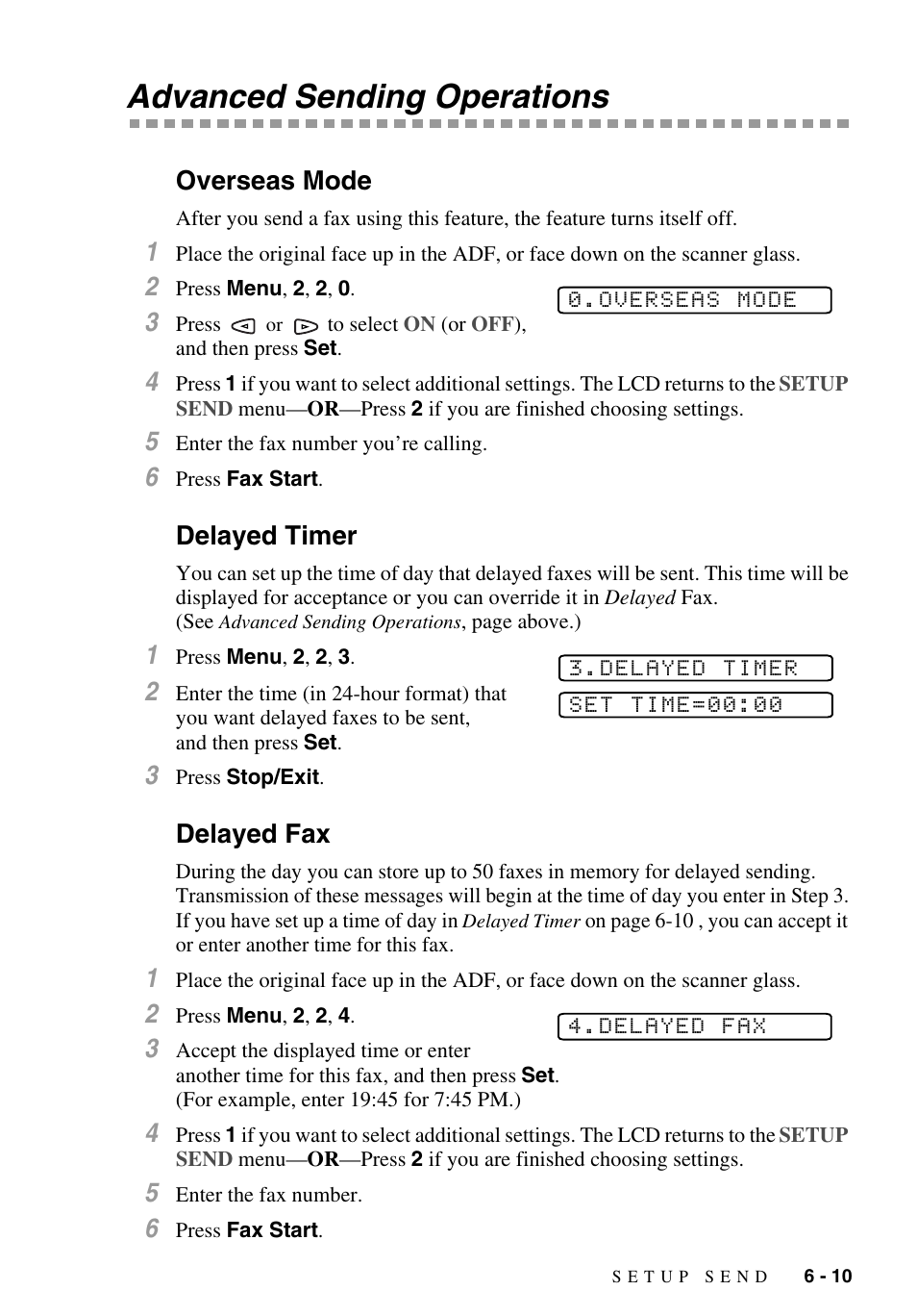 Advanced sending operations, Overseas mode, Delayed timer | Delayed fax, Advanced sending operations -10 | Brother MFC-9700 User Manual | Page 69 / 228