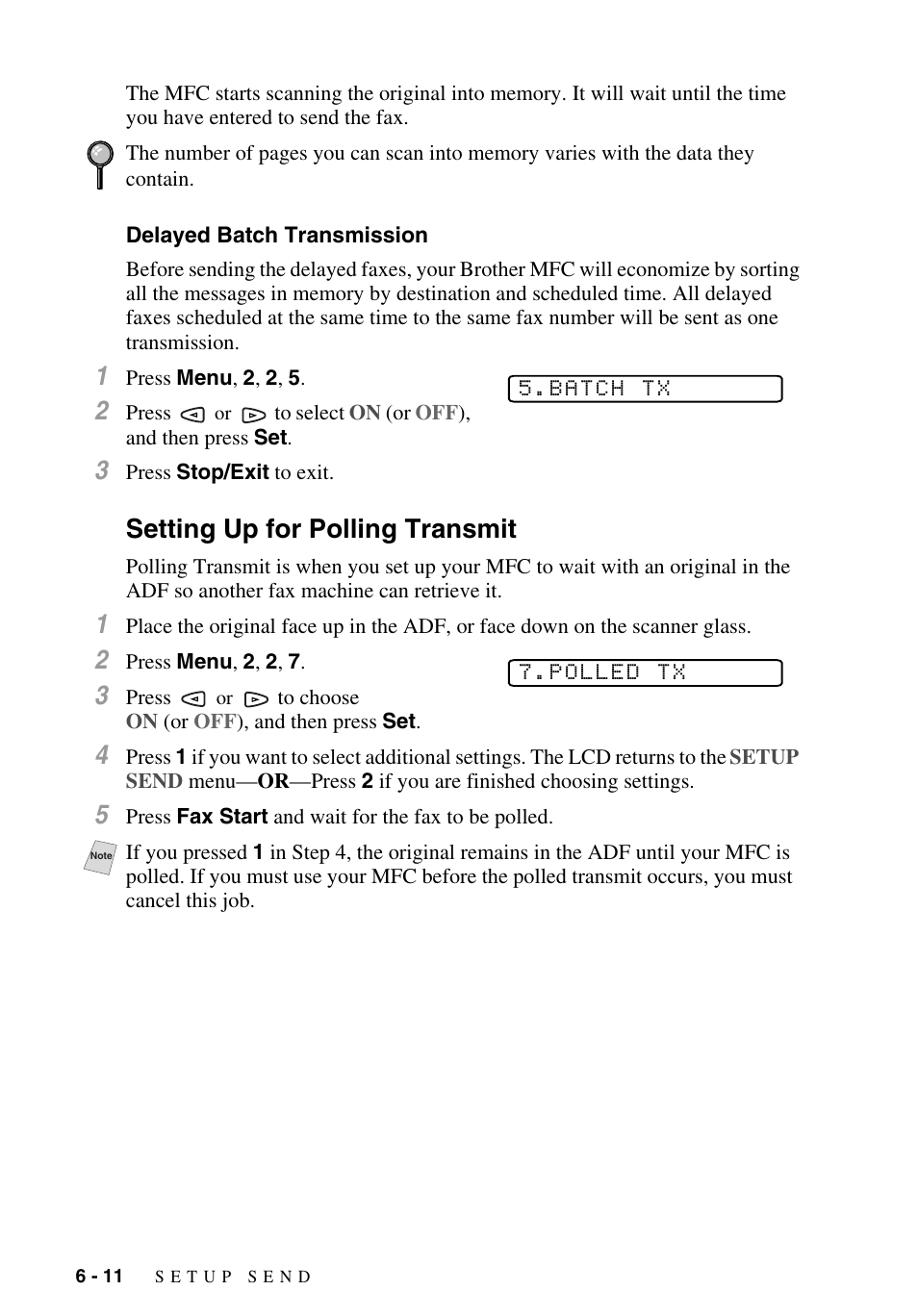 Delayed batch transmission, Setting up for polling transmit, Delayed batch transmission -11 | Setting up for polling transmit -11 | Brother MFC-9700 User Manual | Page 70 / 228