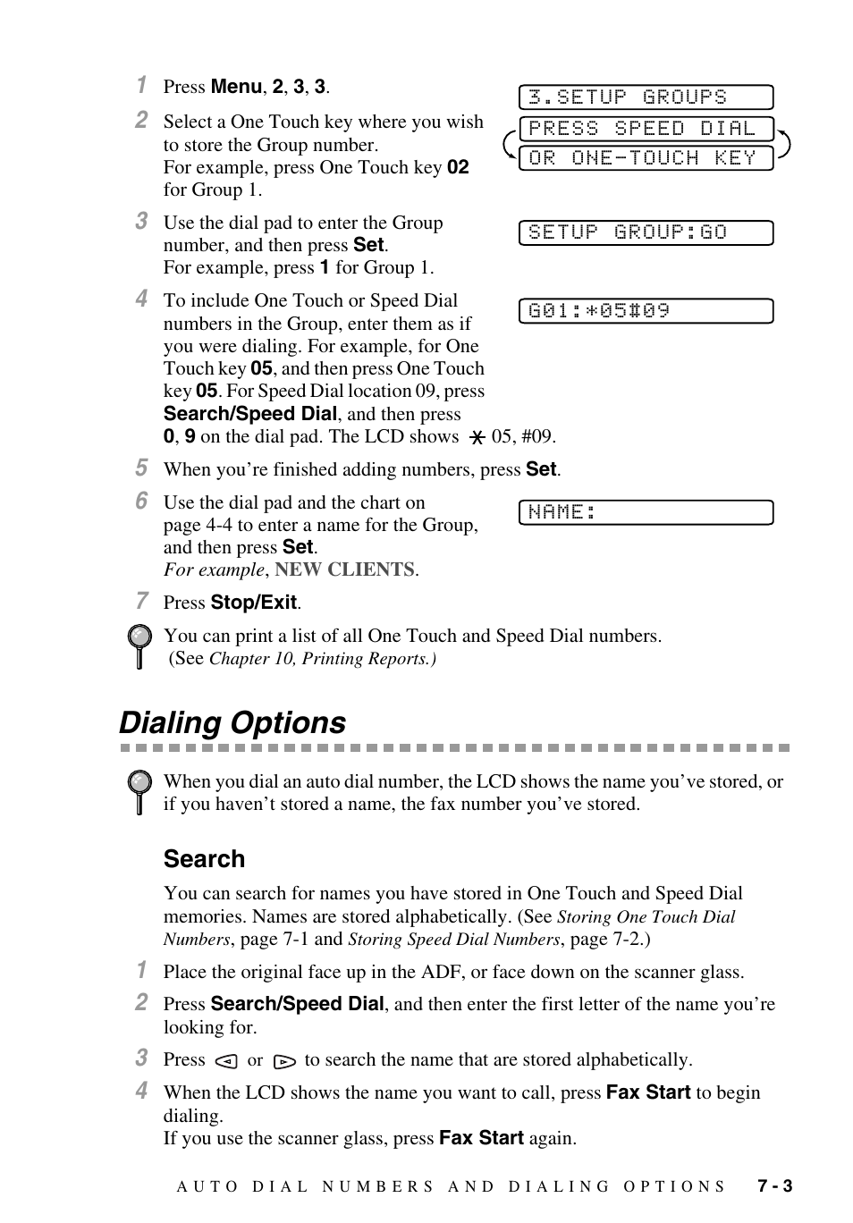 Dialing options, Search, Dialing options -3 | Search -3 | Brother MFC-9700 User Manual | Page 73 / 228