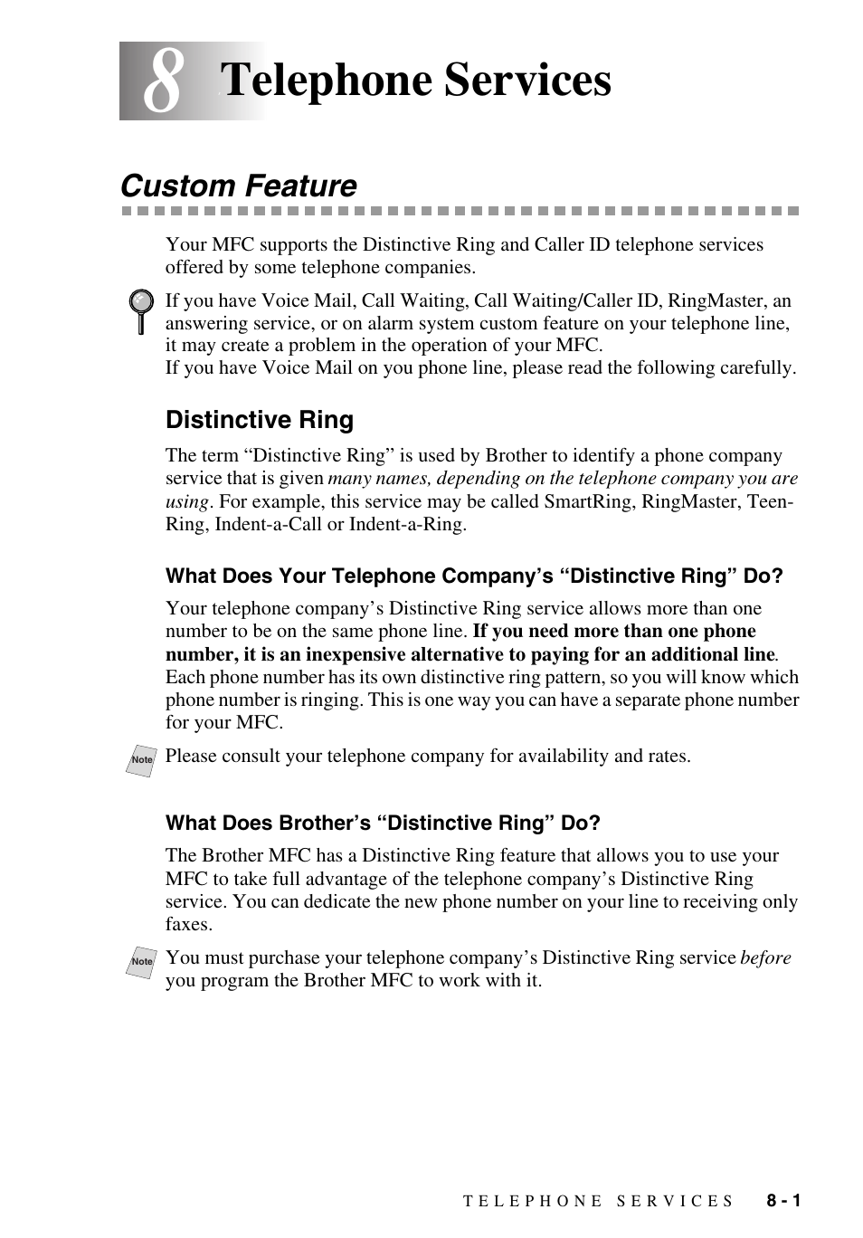 8 telephone services, Custom feature, Distinctive ring | What does brother’s “distinctive ring” do, Telephone services -1, Custom feature -1, Distinctive ring -1, What does your telephone company’s, Distinctive ring” do? -1, What does brother’s “distinctive ring” do? -1 | Brother MFC-9700 User Manual | Page 77 / 228