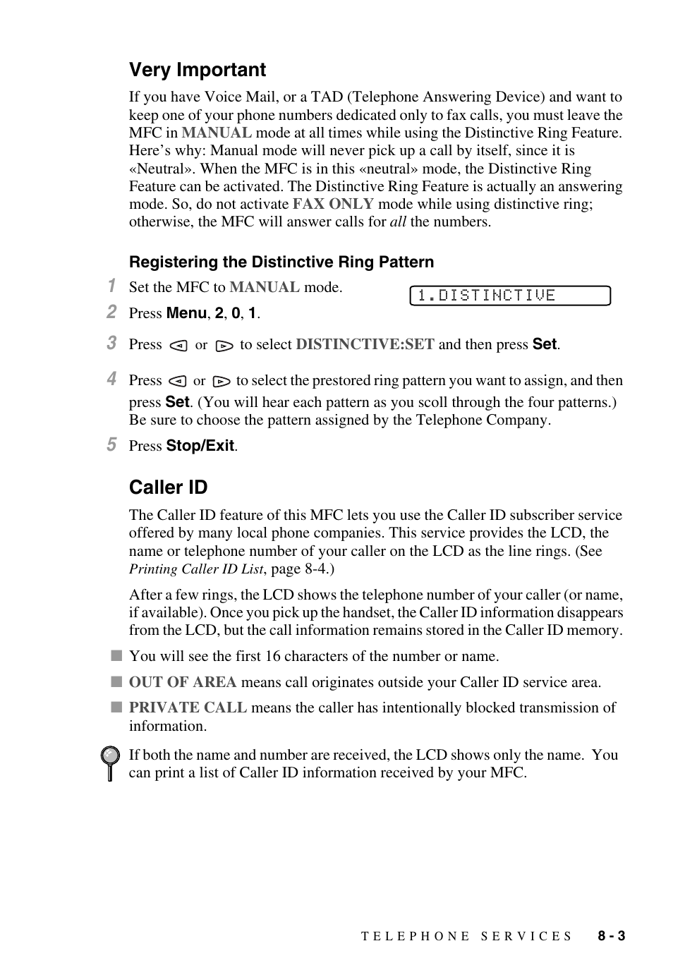 Very important, Registering the distinctive ring pattern, Caller id | Very important -3, Registering the distinctive ring pattern -3, Caller id -3 | Brother MFC-9700 User Manual | Page 79 / 228