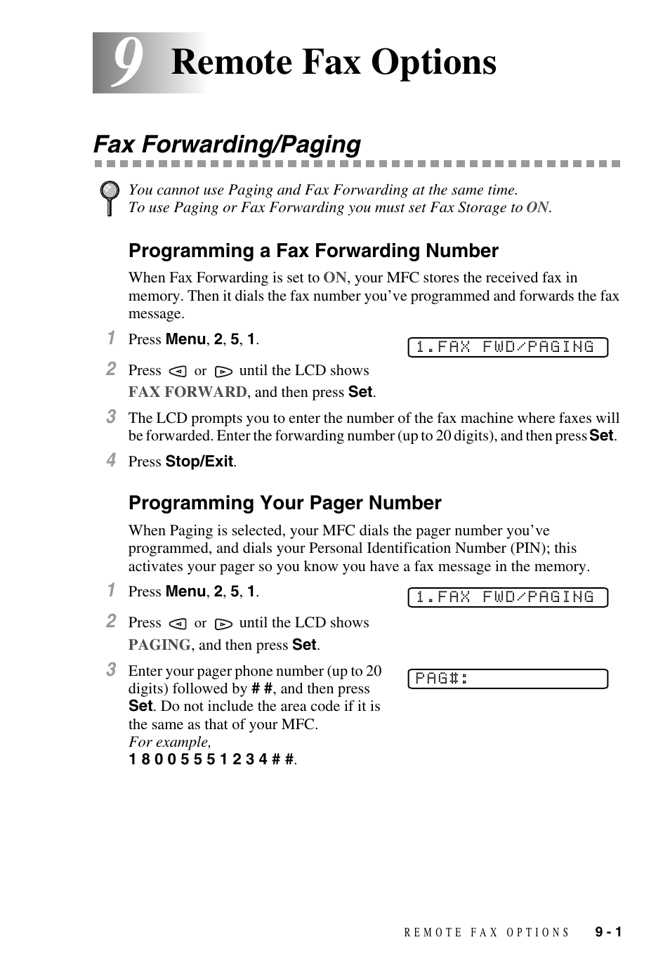 9 remote fax options, Fax forwarding/paging, Programming a fax forwarding number | Remote fax options -1, Fax forwarding/paging -1, Remote fax options | Brother MFC-9700 User Manual | Page 81 / 228