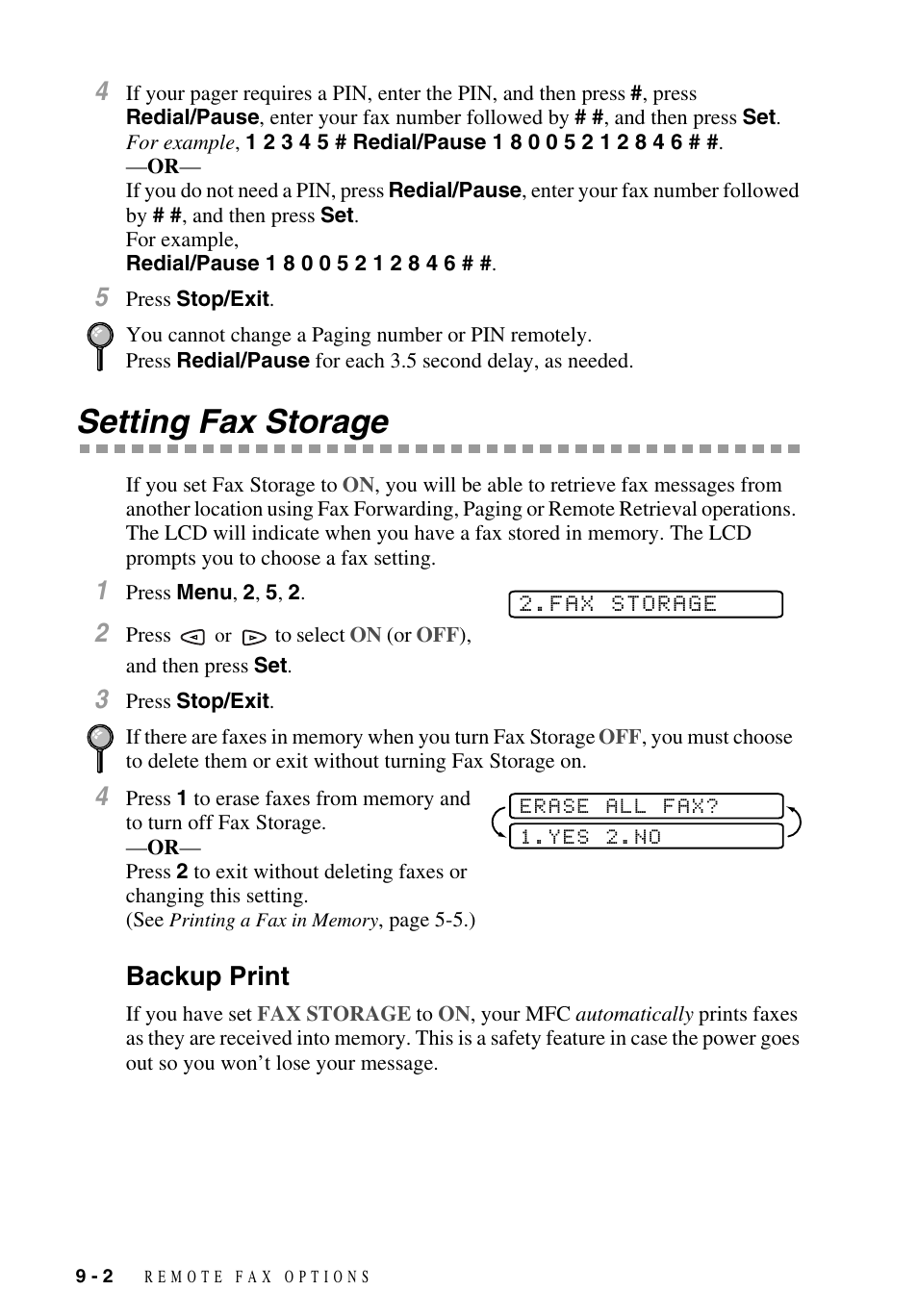 Setting fax storage, Backup print, Setting fax storage -2 | Backup print -2 | Brother MFC-9700 User Manual | Page 82 / 228