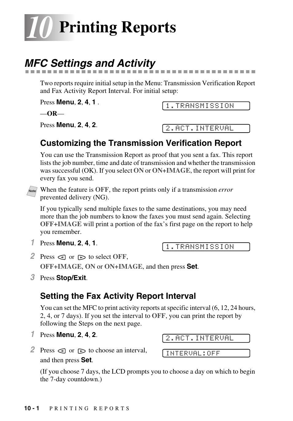 10 printing reports, Mfc settings and activity, Customizing the transmission verification report | Setting the fax activity report interval, Printing reports -1, Mfc settings and activity -1, Chapter 10, printing reports.), Printing reports | Brother MFC-9700 User Manual | Page 86 / 228