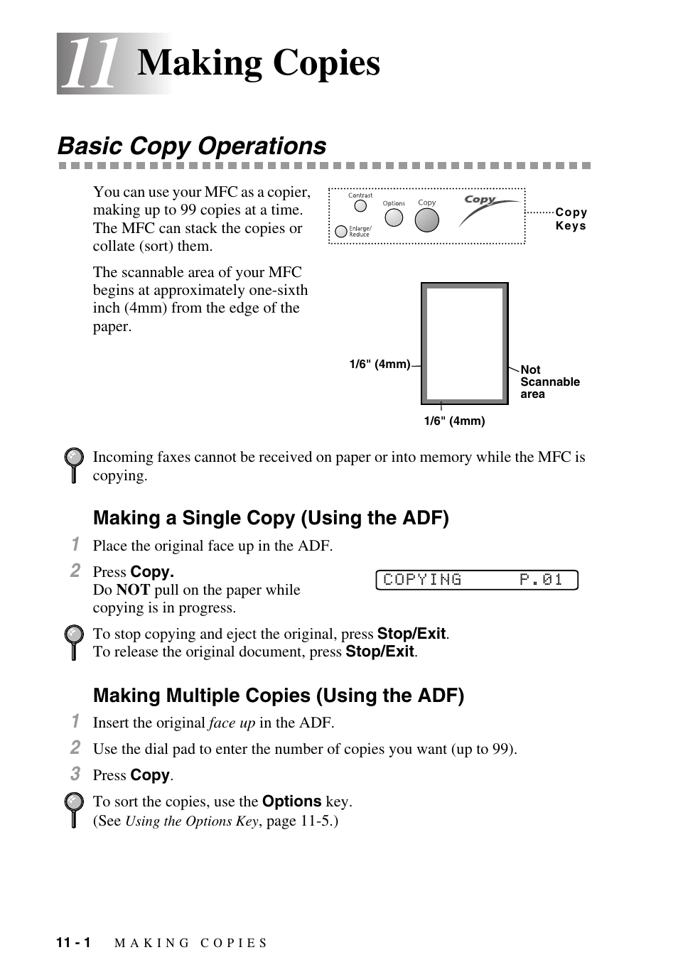 11 making copies, Basic copy operations, Making a single copy (using the adf) | Making multiple copies (using the adf), Making copies -1, Basic copy operations -1, Making copies | Brother MFC-9700 User Manual | Page 88 / 228