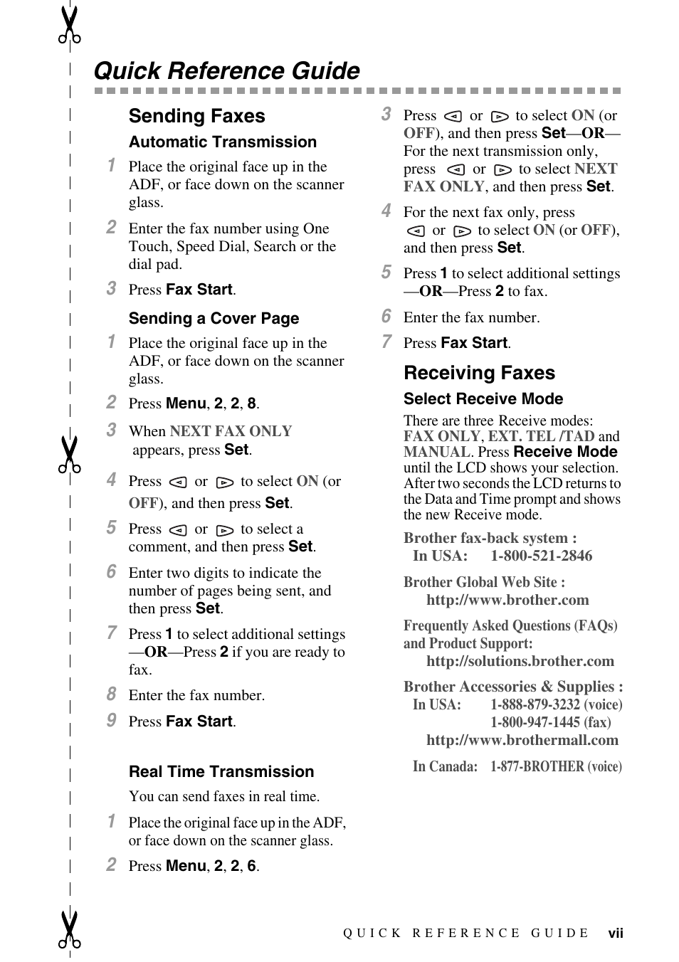 Quick reference guide, Sending faxes, Receiving faxes | Brother MFC-9700 User Manual | Page 9 / 228