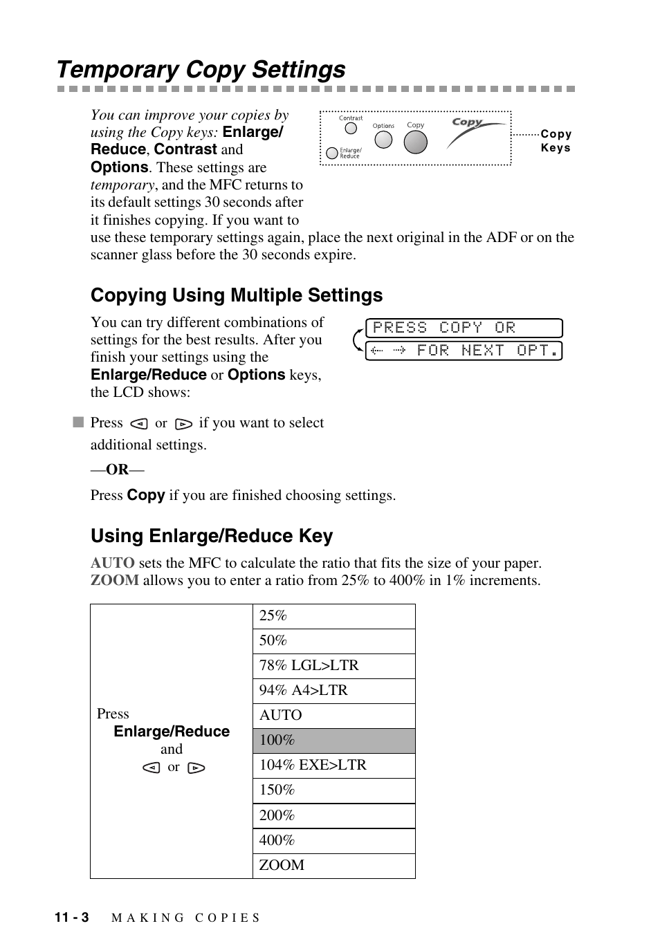 Temporary copy settings, Copying using multiple settings, Using enlarge/reduce key | Temporary copy settings -3 | Brother MFC-9700 User Manual | Page 90 / 228