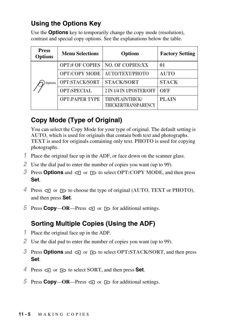 Using the options key, Copy mode (type of original), Sorting multiple copies (using the adf) | Sorting multiple copies, Using the adf), Sorting multiple copies (using the adf) 1 | Brother MFC-9700 User Manual | Page 92 / 228