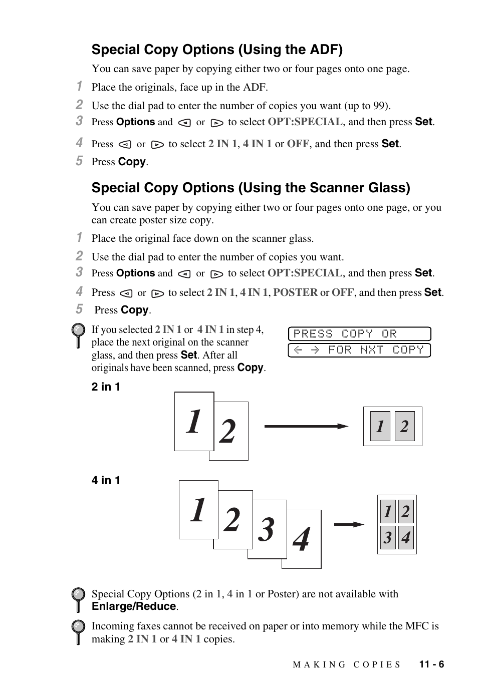 Special copy options (using the adf), Special copy options (using the scanner glass), 2 in 1 | 4 in 1, 2 in 1 -6 4 in 1 -6 | Brother MFC-9700 User Manual | Page 93 / 228