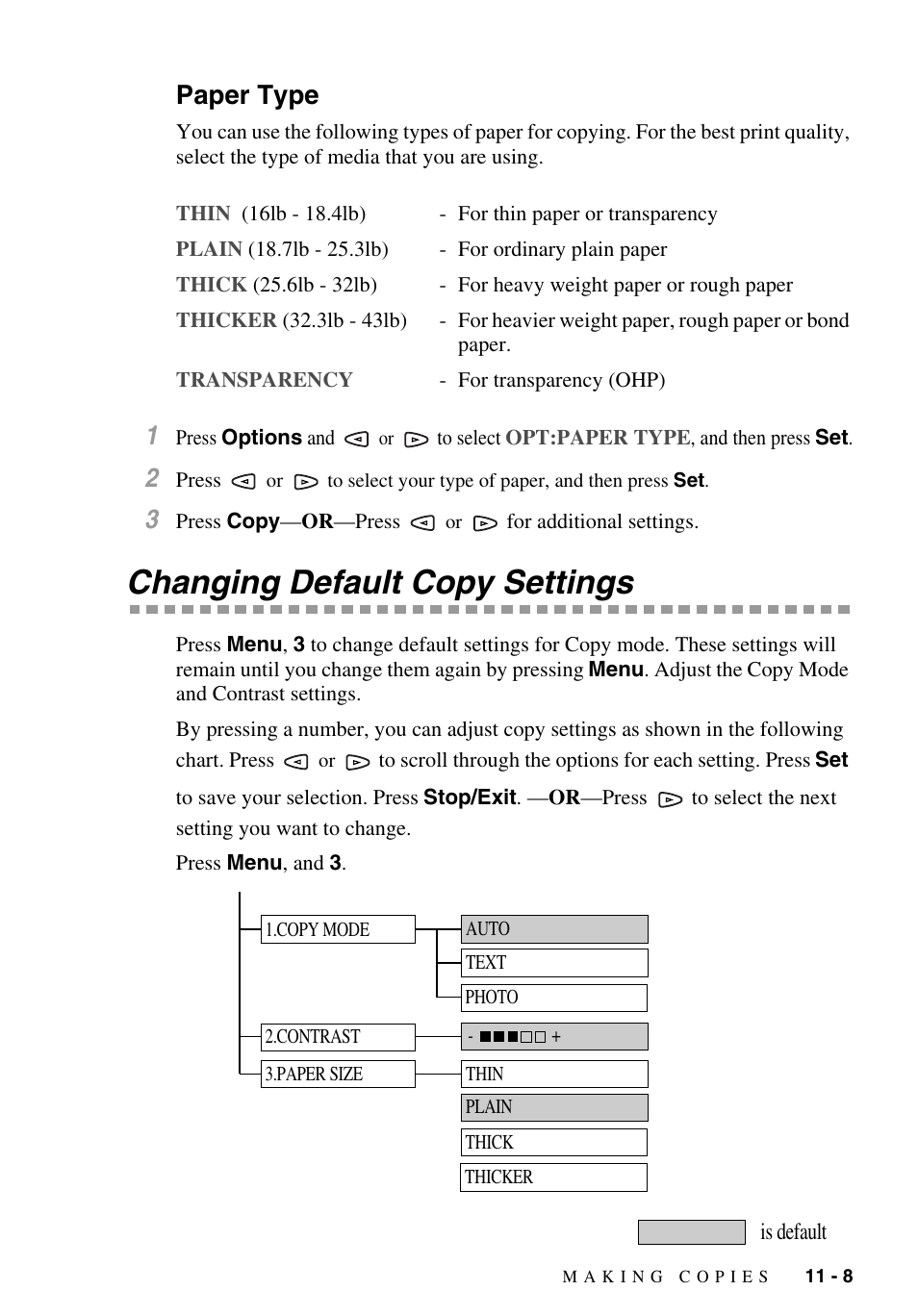 Paper type, Changing default copy settings, Paper type -8 | Changing default copy settings -8 | Brother MFC-9700 User Manual | Page 95 / 228