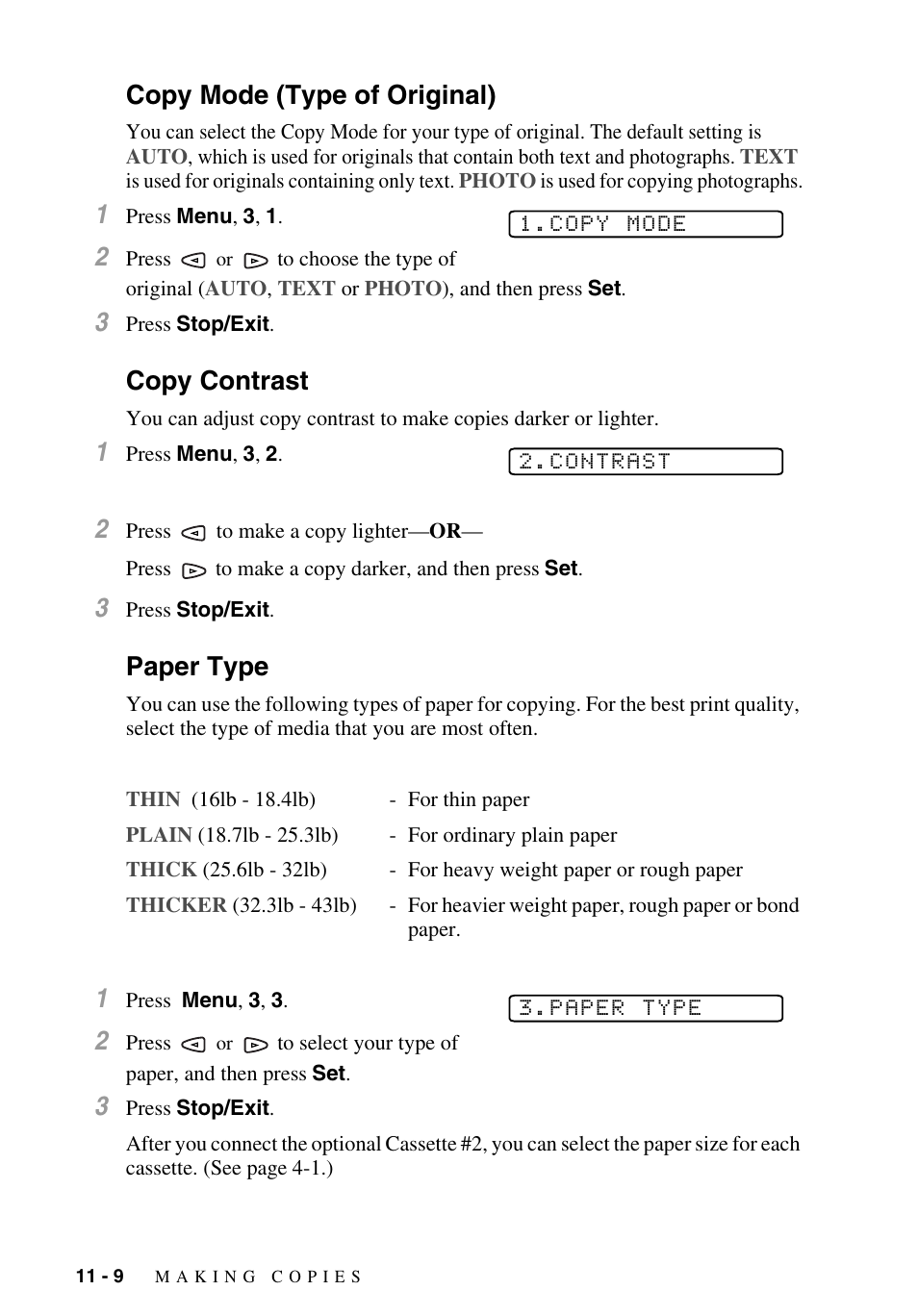 Copy mode (type of original), Copy contrast, Paper type | Brother MFC-9700 User Manual | Page 96 / 228