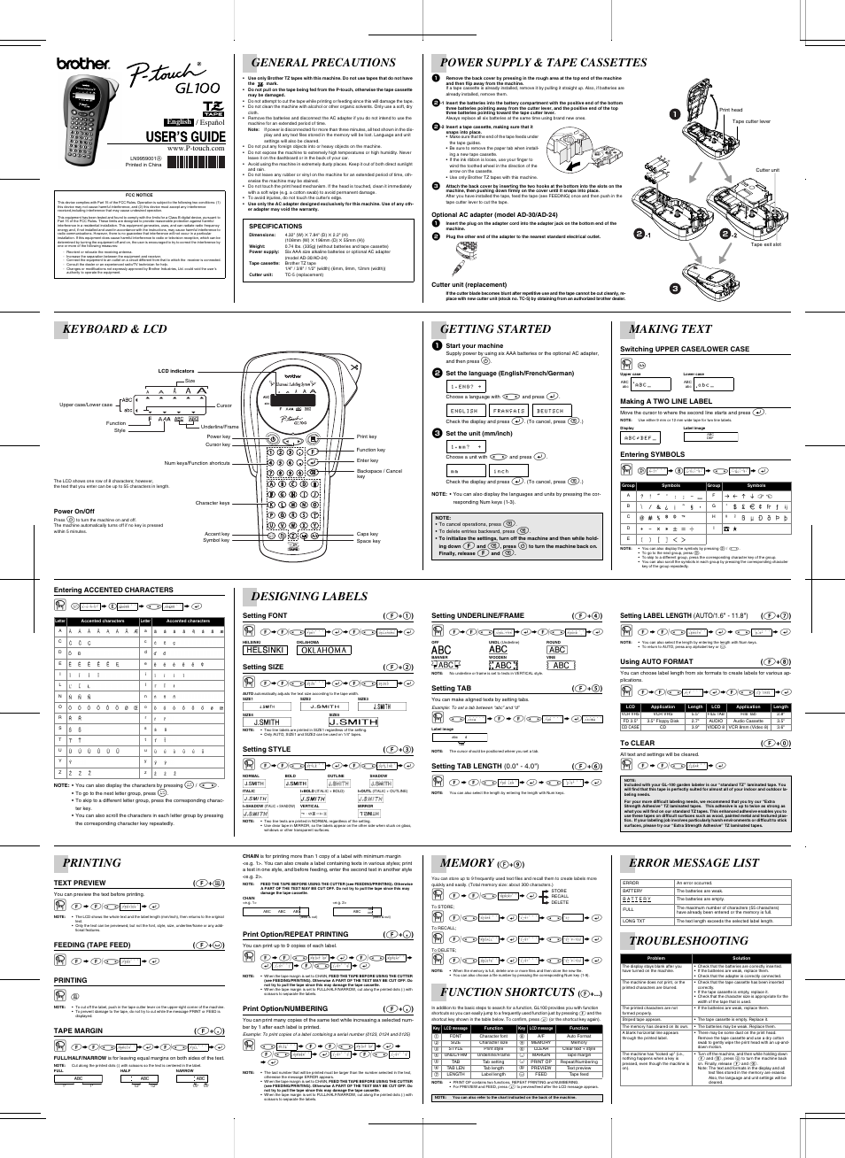 Brother PT-1000 User Manual | 2 pages