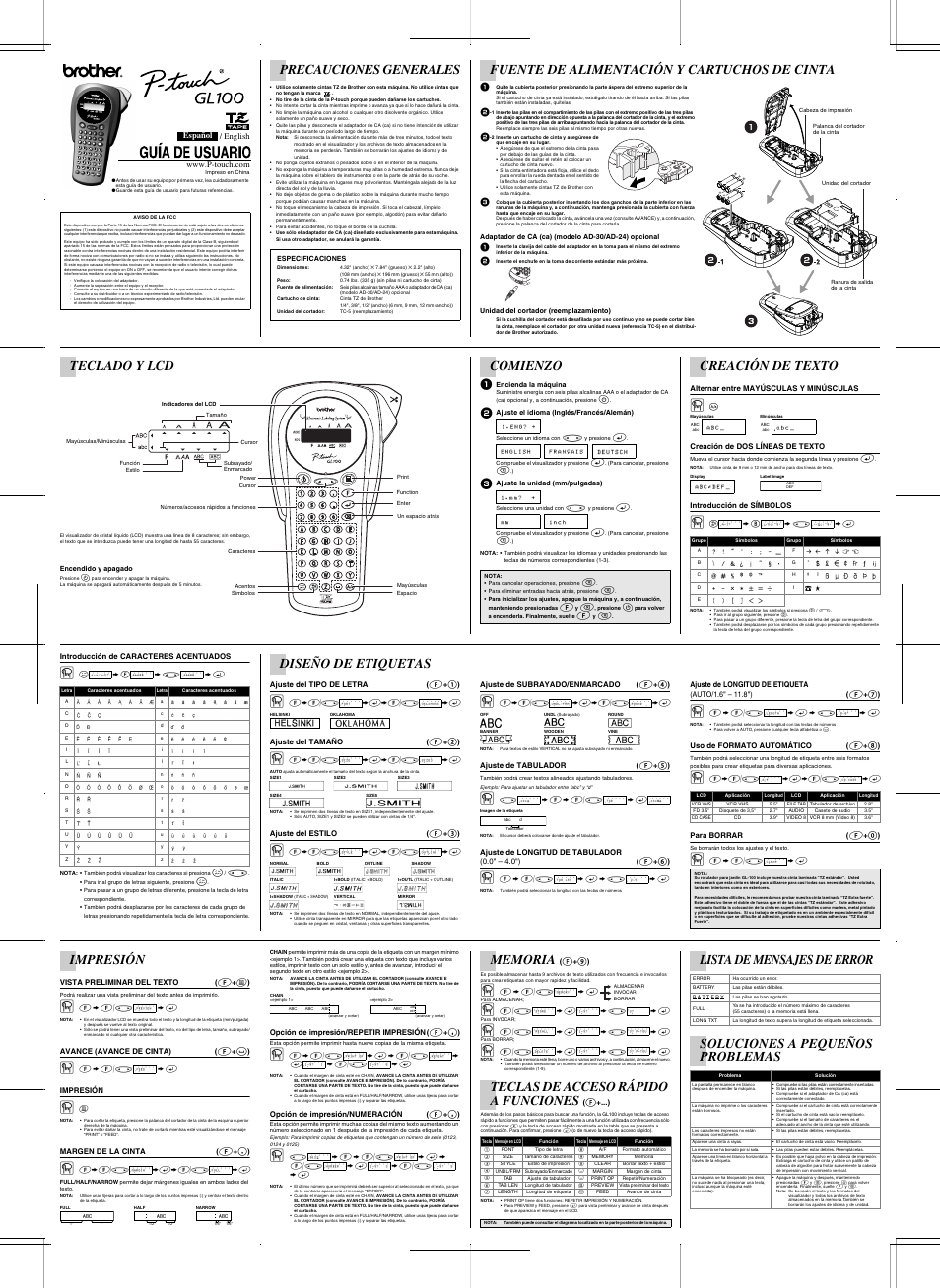 Precauciones generales, Fuente de alimentación y cartuchos de cinta, Comienzo | Creación de texto, Diseño de etiquetas, Impresión, Teclas de acceso rápido a funciones, Teclado y lcd | Brother PT-1000 User Manual | Page 2 / 2