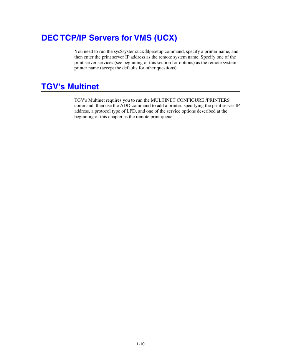 Dec tcp/ip servers for vms (ucx), Tgv's multinet | Brother HL-4000CN User Manual | Page 18 / 78