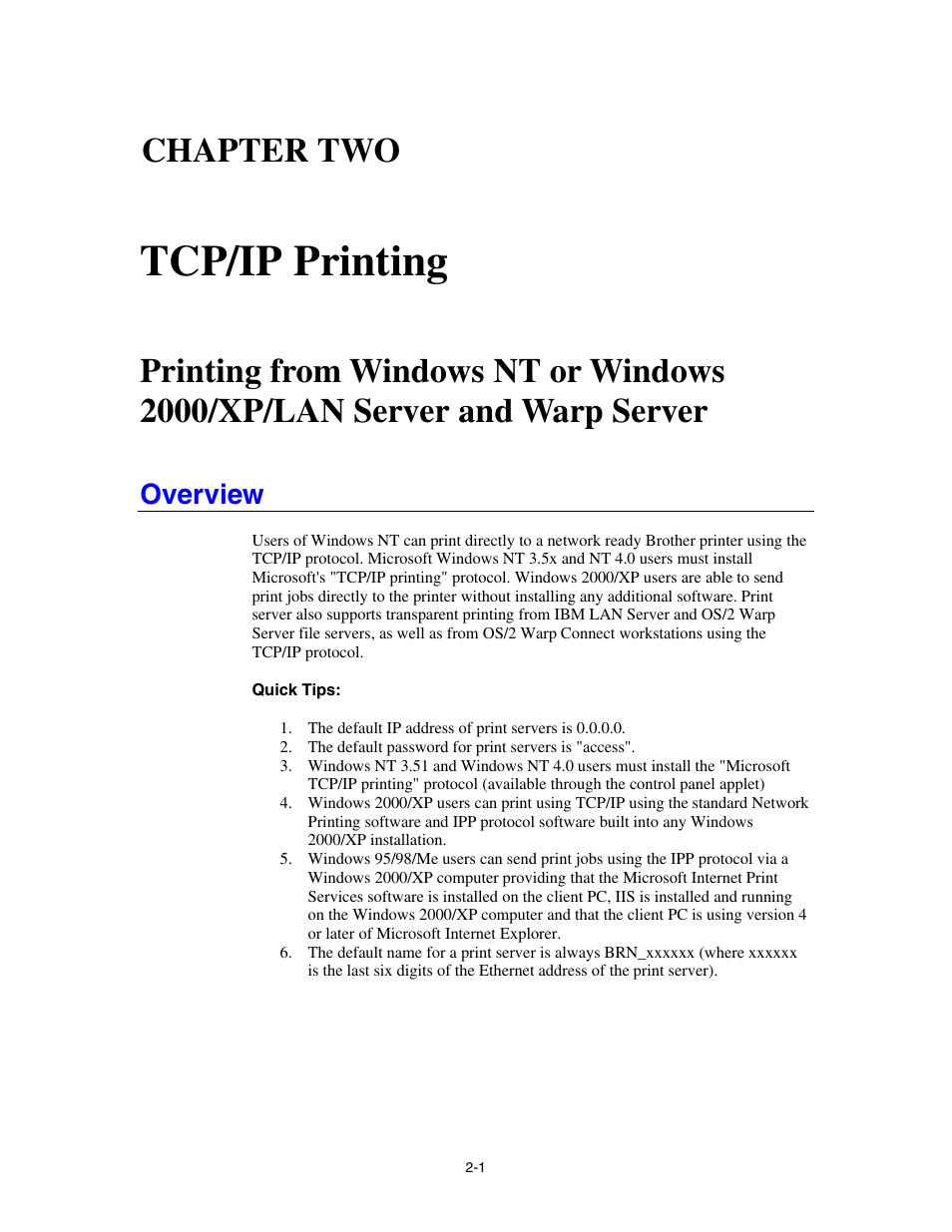 Chapter two tcp/ip printing, Overview, Chapter two | Tcp/ip printing, And warp server | Brother HL-4000CN User Manual | Page 23 / 78