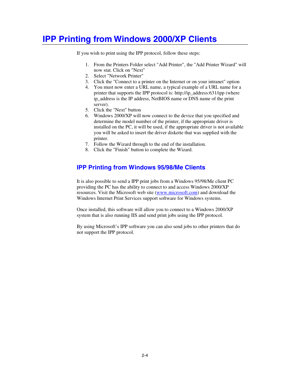 Ipp printing from windows 2000/xp clients, Ipp printing from windows 95/98/me clients | Brother HL-4000CN User Manual | Page 26 / 78