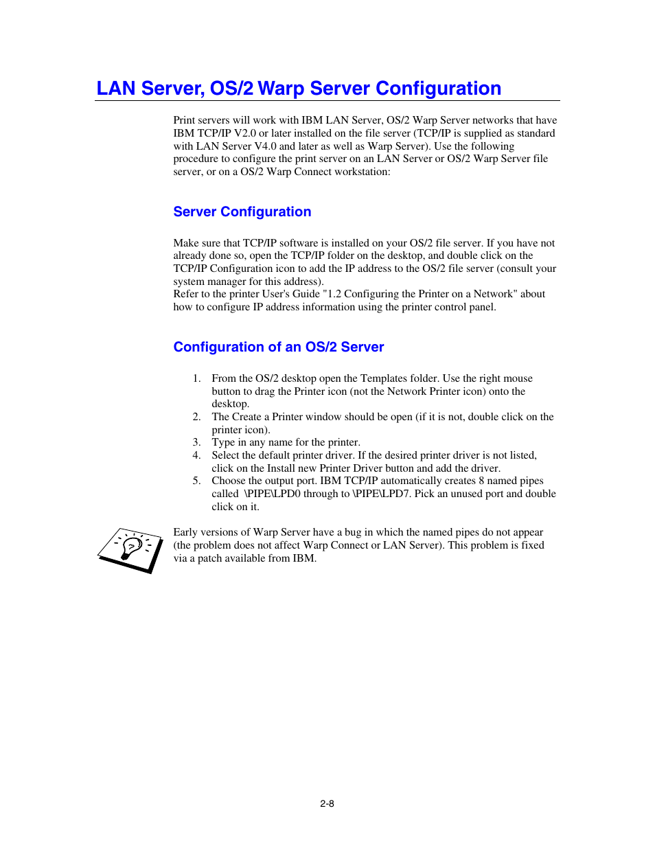 Lan server, os/2 warp server configuration, Server configuration, Configuration of an os/2 server | Brother HL-4000CN User Manual | Page 30 / 78