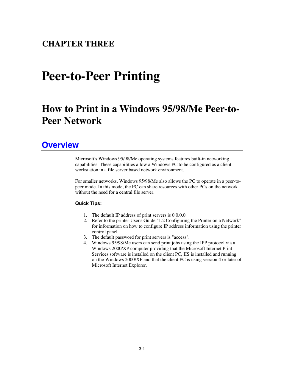 Chapter three peer-to-peer printing, Overview, Chapter three | Peer-to-peer printing | Brother HL-4000CN User Manual | Page 33 / 78